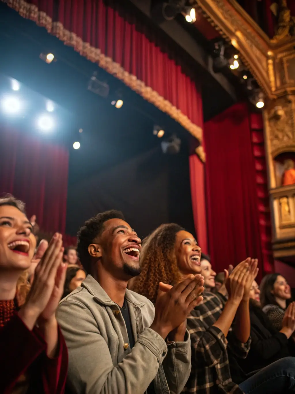 A diverse group of people attending a play, with the stage lit up and actors performing a scene, capturing the audience's attention.