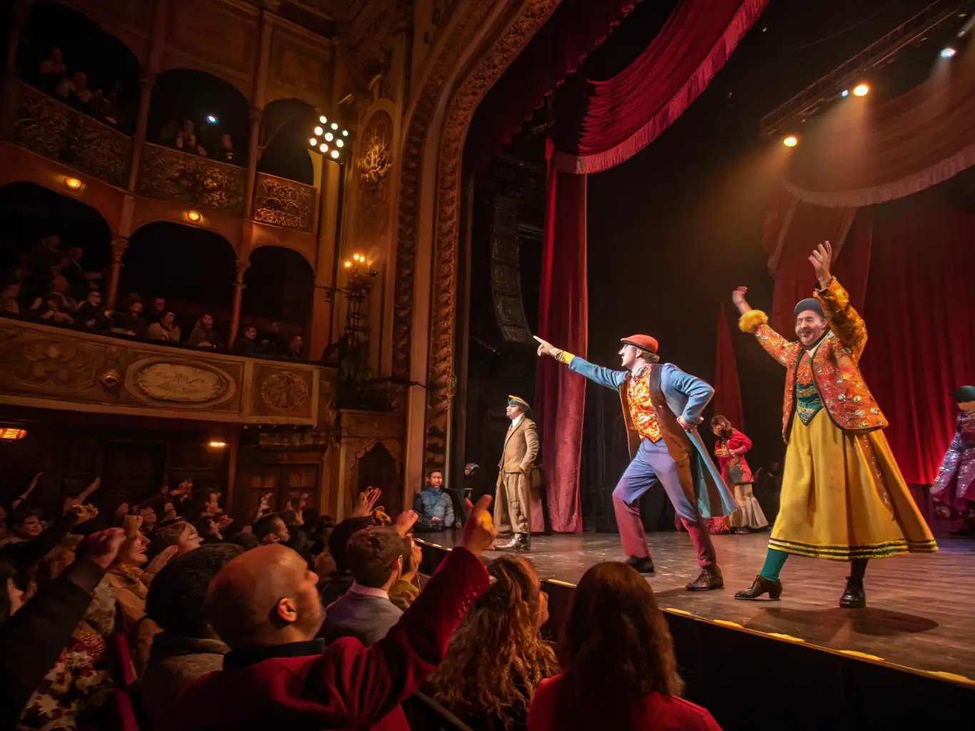 A vibrant photograph capturing a cultural performance on stage, with performers in colorful costumes and an engaged audience.