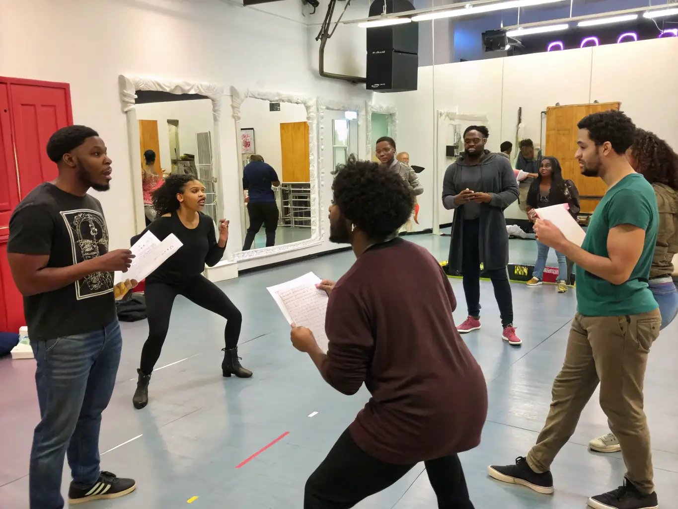 A group of diverse individuals participating in a theatrical workshop, laughing and collaborating on a scene, with scripts and stage props visible in the background.