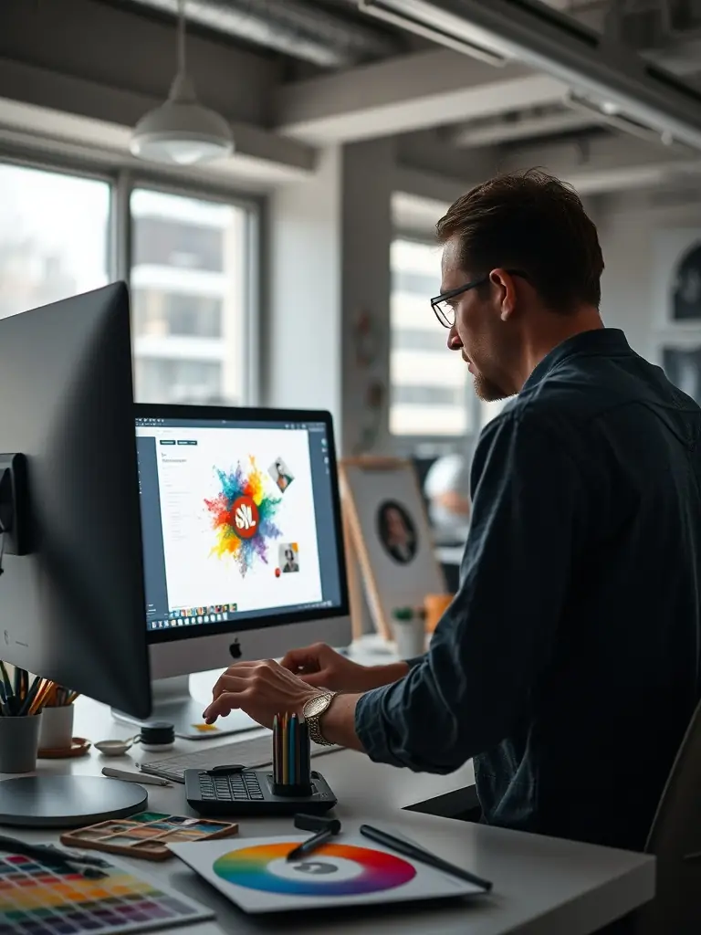 An artist working on a set design in a creative space, surrounded by tools and materials, with natural light streaming in through a large window.