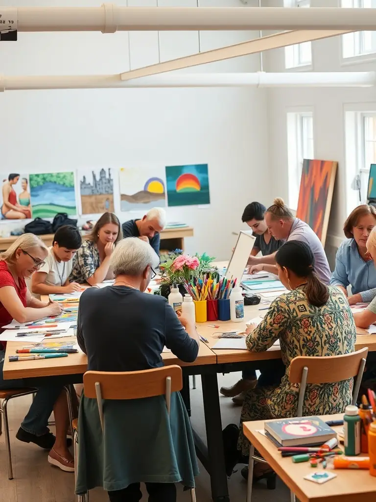 A group of people of different ages and backgrounds are working together on a stage set, painting and constructing elements for an upcoming play.
