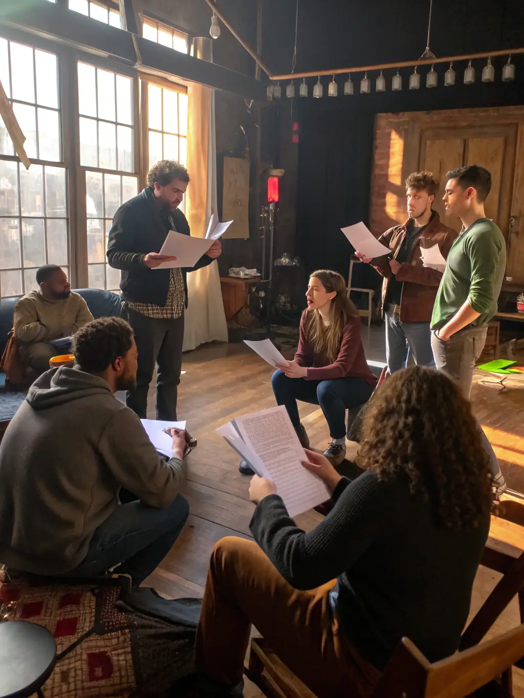 An inviting rehearsal room filled with stage equipment, seating, and creative tools, with artists preparing for a performance.
