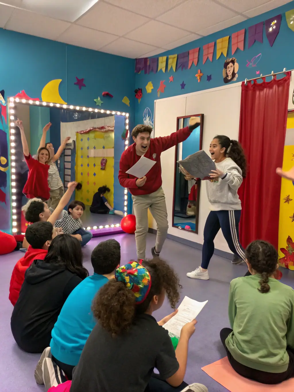 A vibrant image of diverse community members engaged in a lively acting workshop, with stage lights and scripts in hand.