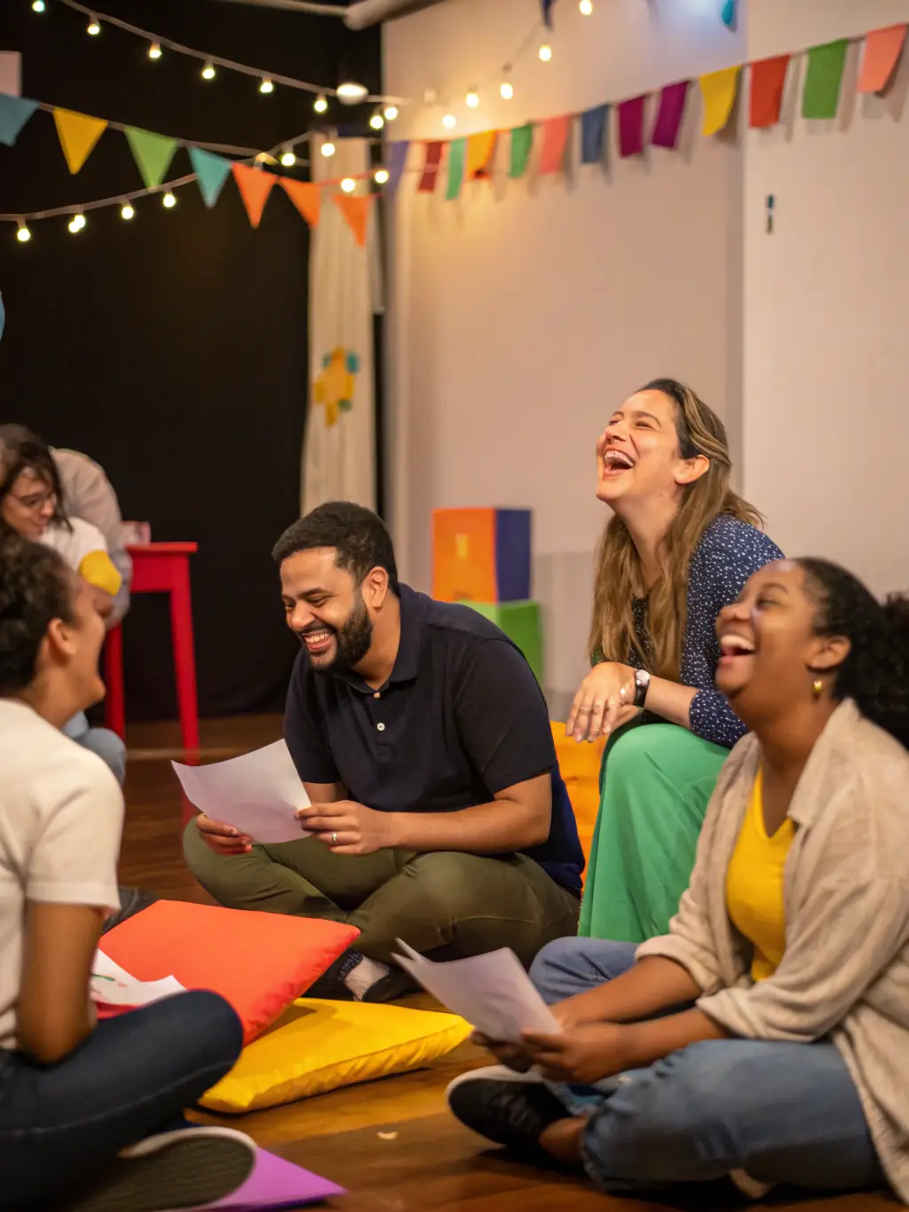 A group of diverse individuals participating in an acting workshop, focused on improvisation techniques, with a facilitator guiding them in a collaborative setting.