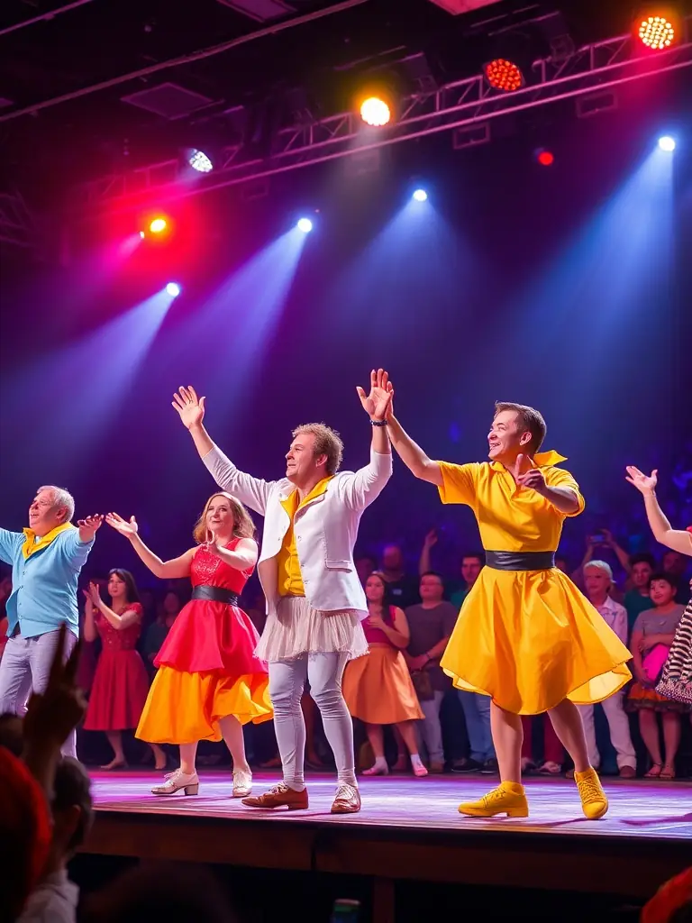 An energetic scene of performers on stage, dressed in colorful costumes, captivating an engaged audience.