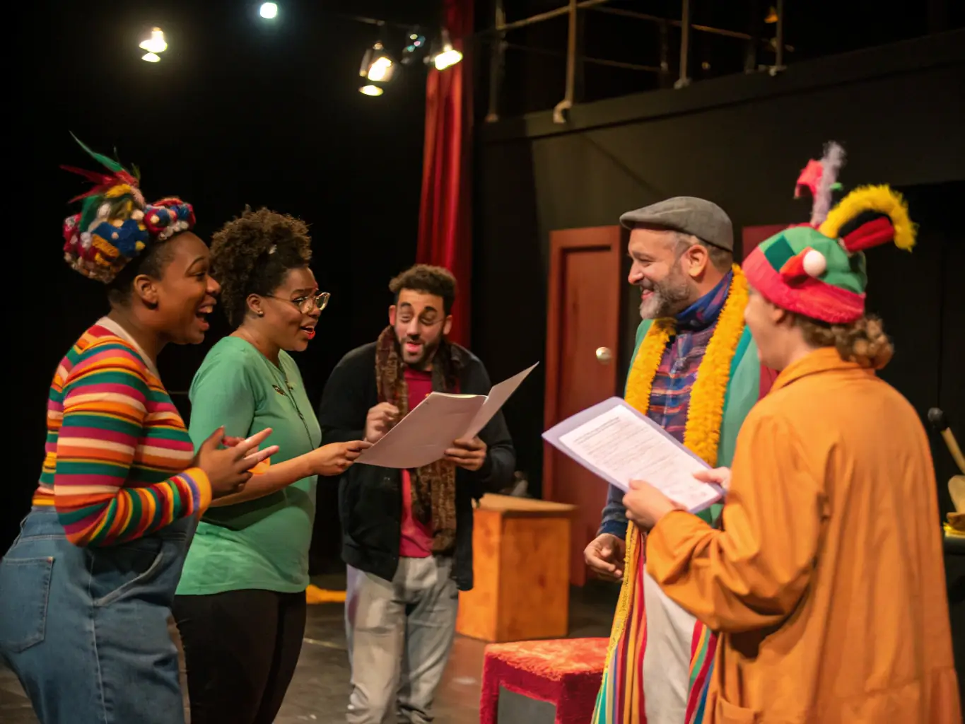 A group of diverse individuals participating in an acting workshop, focusing on improvisation techniques, set in a vibrant and engaging theatrical space.
